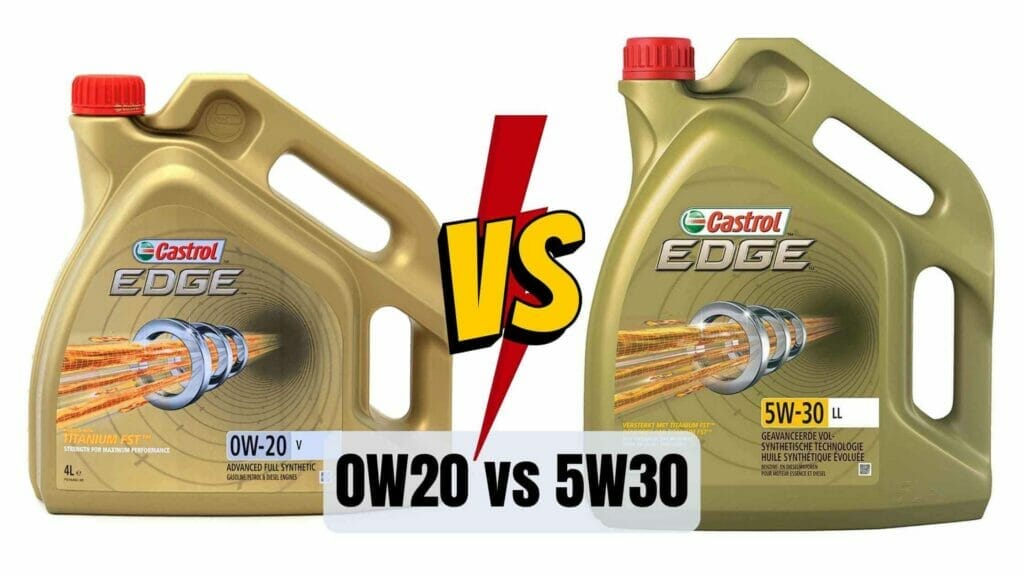 Photo of a bottle of castrol edge 0w-20 on the left and a bottle of castrol edge 5w-30 on the left. 0W20 vs 5W30
