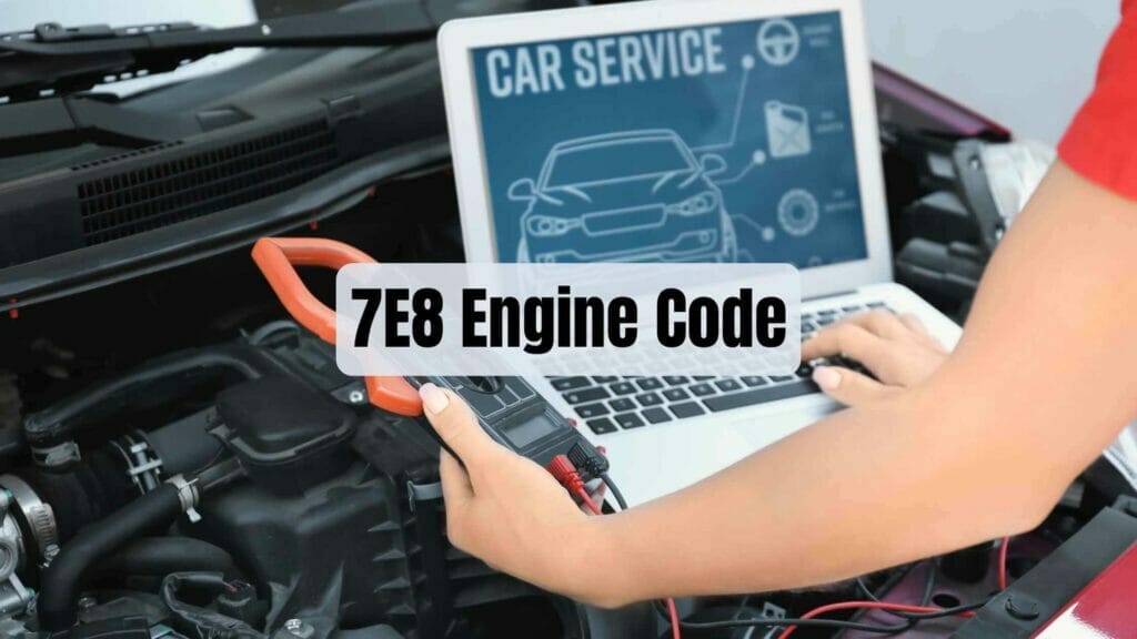 Photo of a person with a laptop doing car service and checking for engine errors. 7E8 Engine Code.