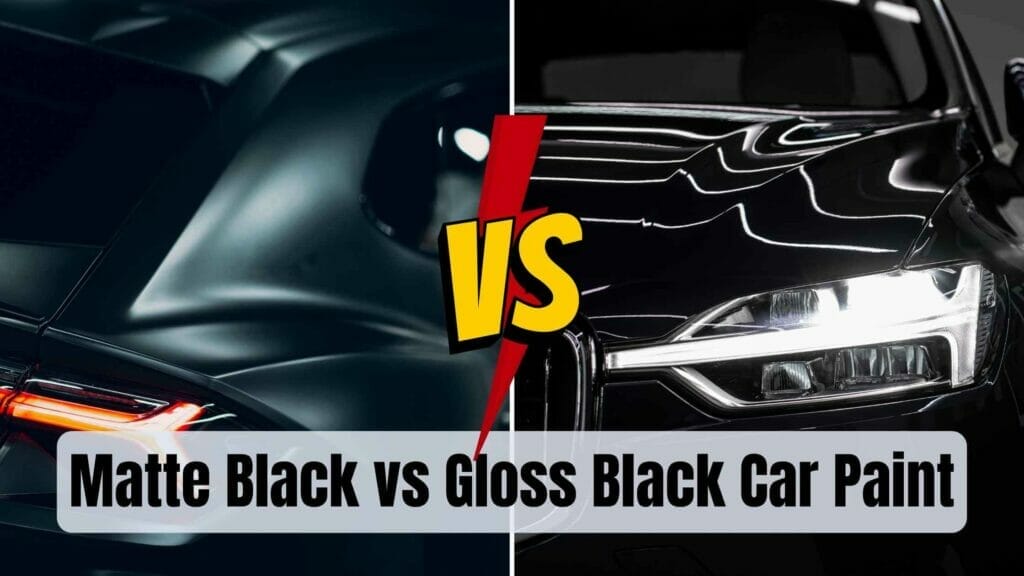 Photo of a matte black car on the left and a gloss black car on the right. Matte Black vs Gloss Black Car Paint.
